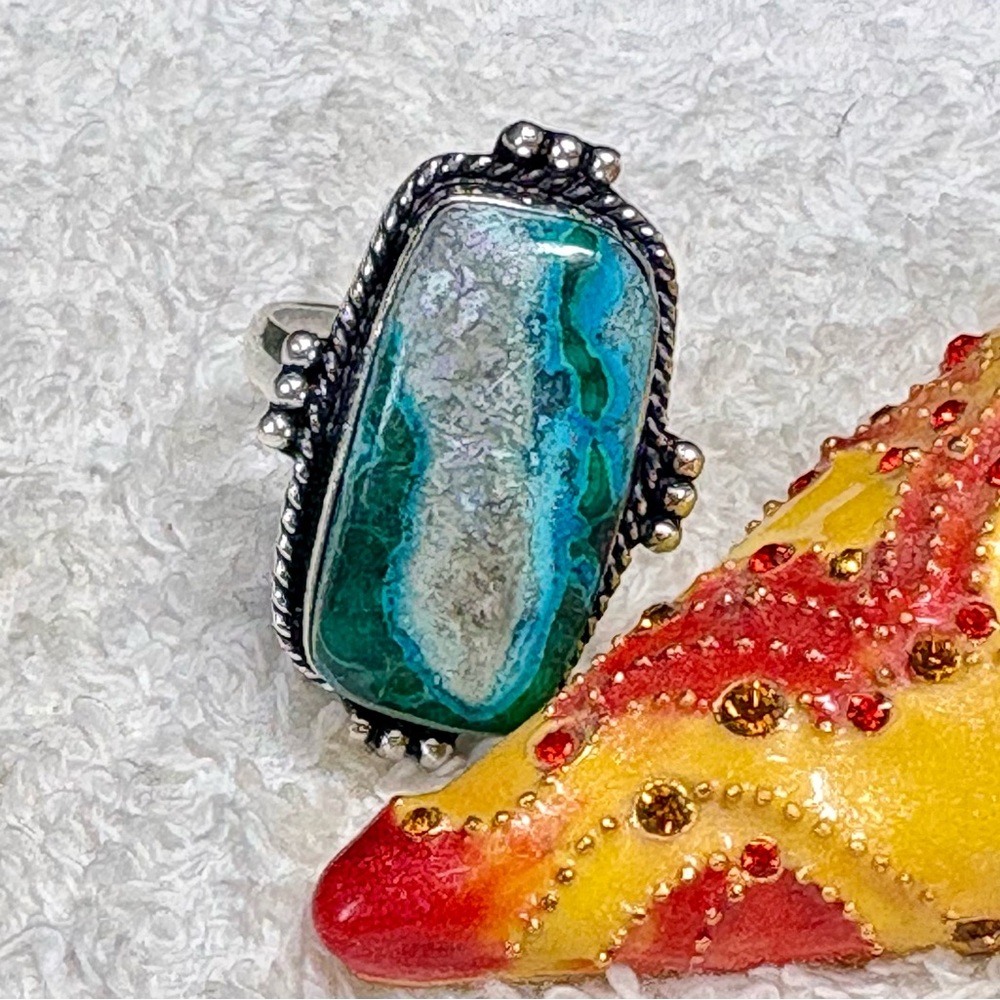 Azurite In Malachite Gemstone Ethnic Handmade Ring Jewelry US Size-9.5
